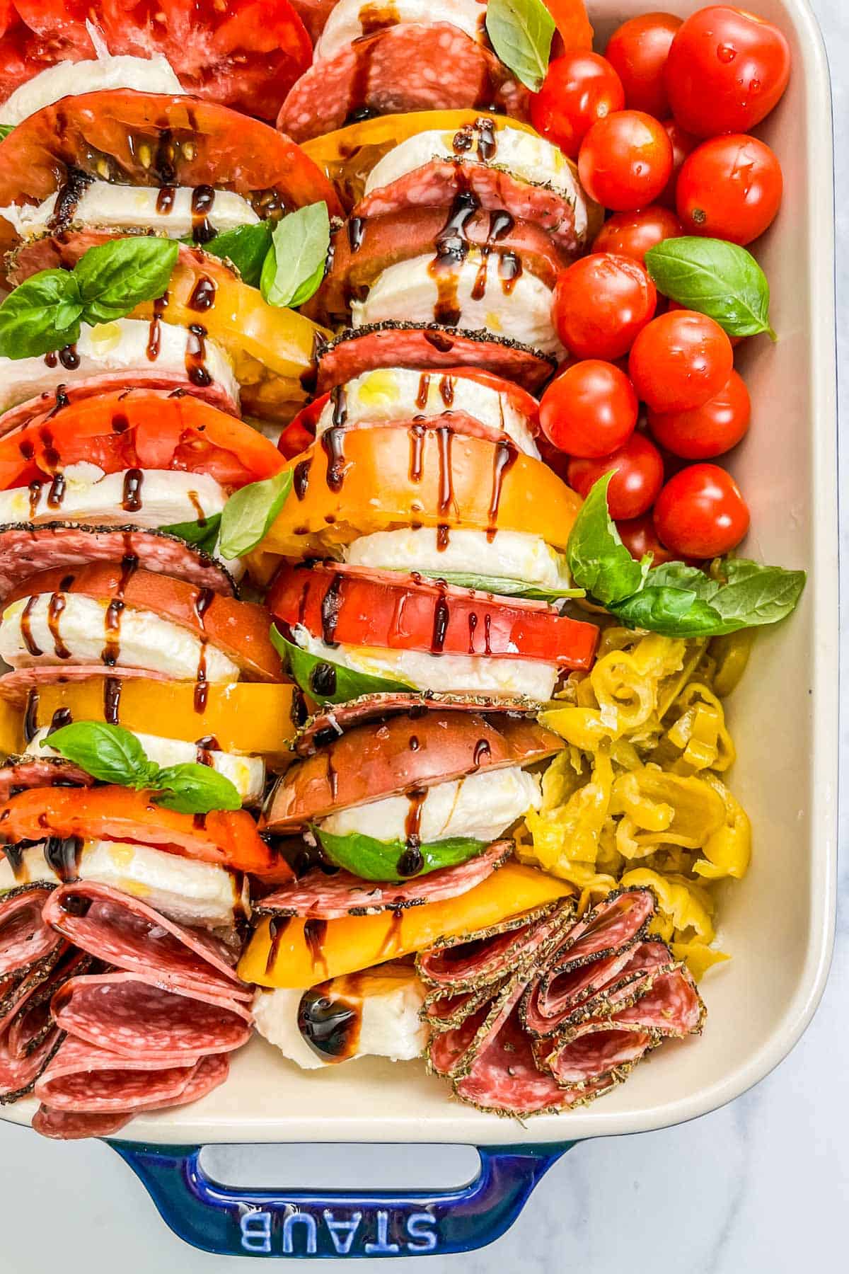 Closeup on an antipasto caprese salad.