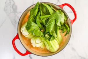 Bok choy in a pot of coconut curry.