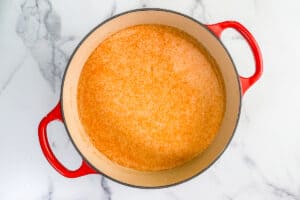 Thai red curry, coconut milk, and vegetable stock in a large pot.