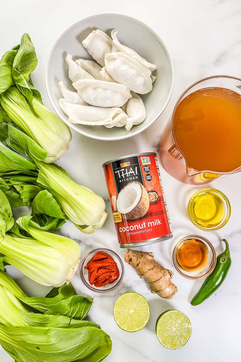 Ingredients for coconut curry dumpling soup.