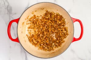 Spices added to onions and garlic in a pot.