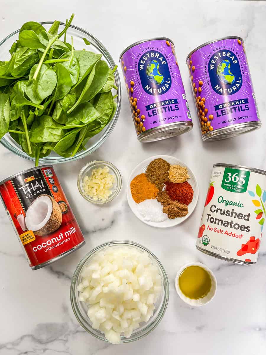 Ingredients for coconut lentil curry.