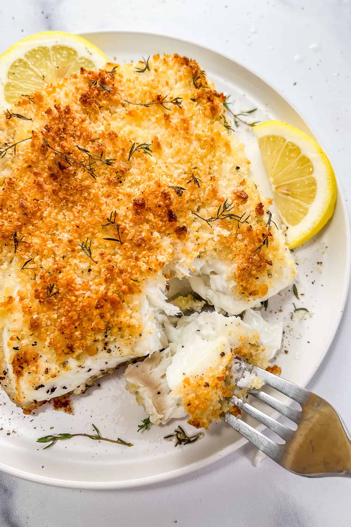Parmesan panko baked halibut on a white plate with a silver fork.