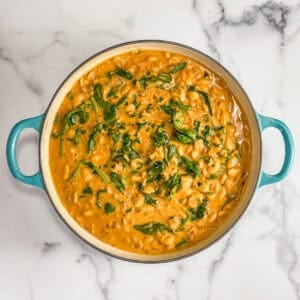 Creamy pumpkin butter beans with spinach in a teal handled pot.