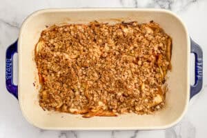 Healthy apple crisp in a baking dish.