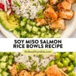 Miso salmon rice bowls pin graphic.
