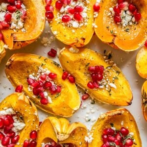 Roasted carnival squash topped with pomegranate seeds and feta.