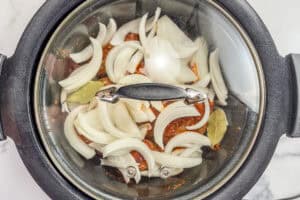 Beef, barbacoa sauce, bay leaves, and sliced onions in a slow cooker.