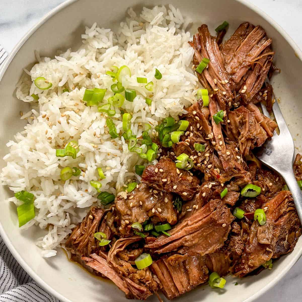 Slow cooker beef bulgogi with rice in a white bowl.