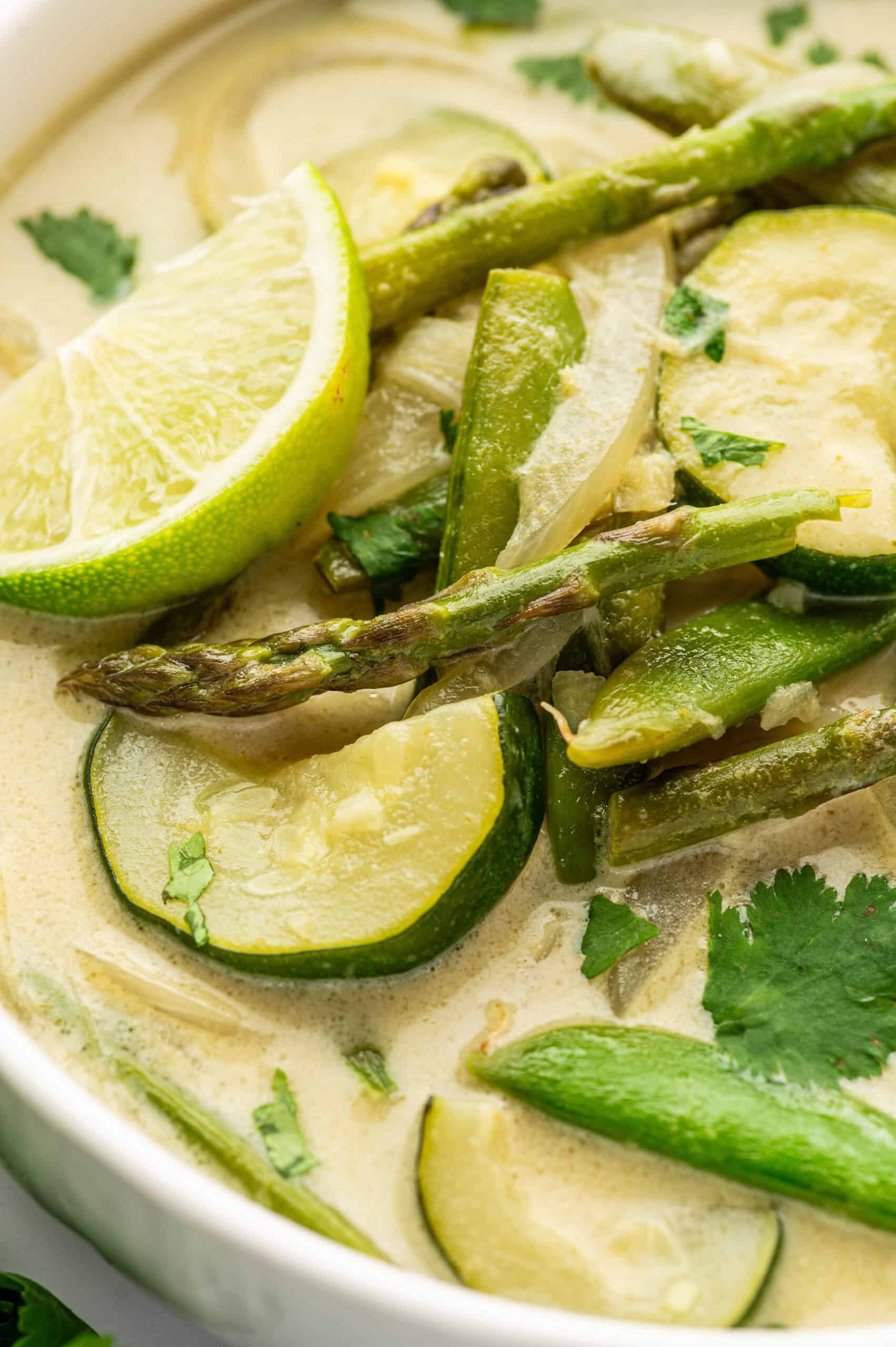 Closeup shot of vegan Thai green curry recipe.