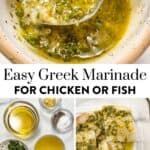 Greek chicken or fish marinade pin graphic.