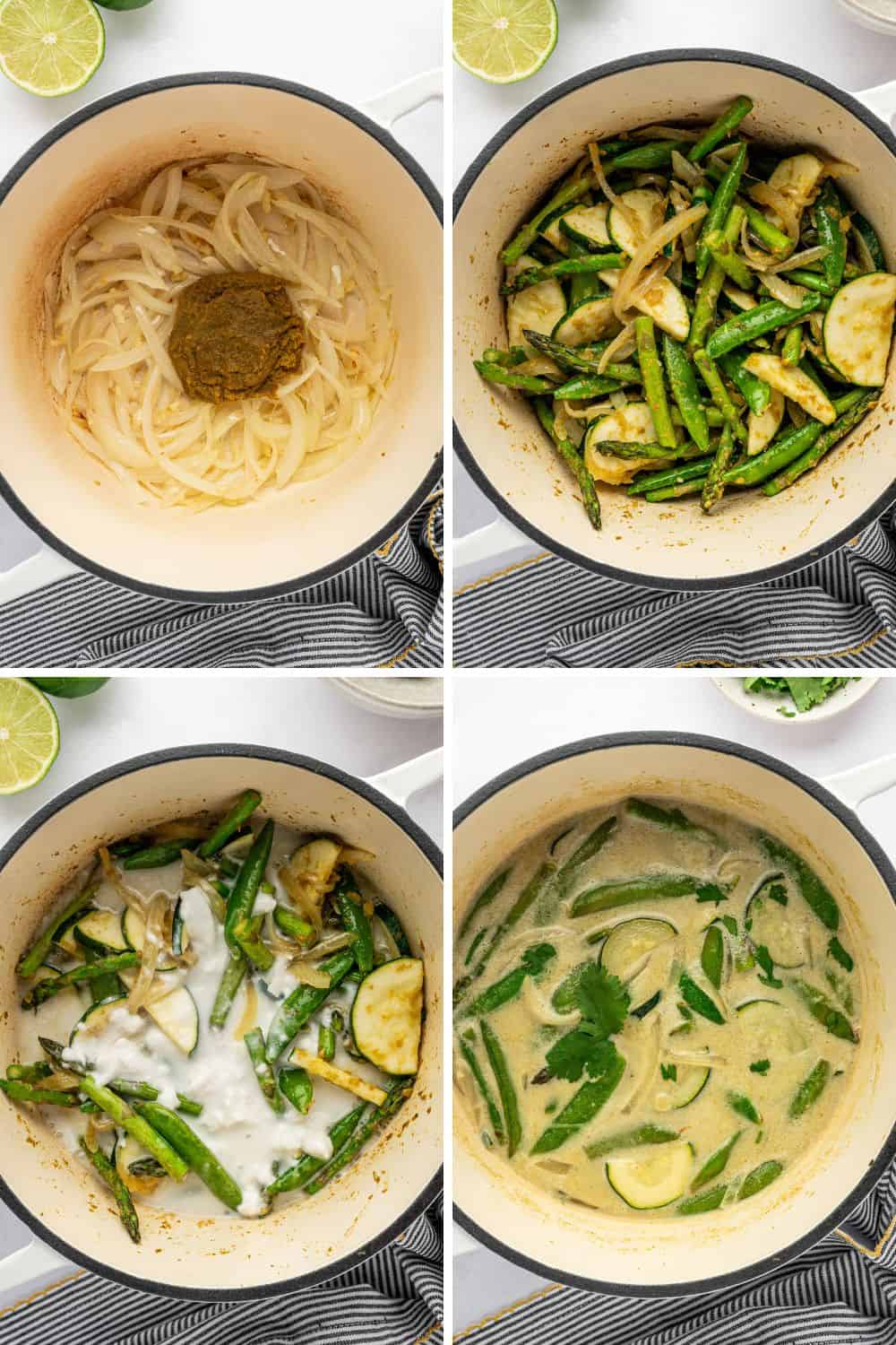 Four photos showing the steps of making vegetarian Thai green curry.