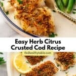 Herb crusted cod recipe pin graphic.