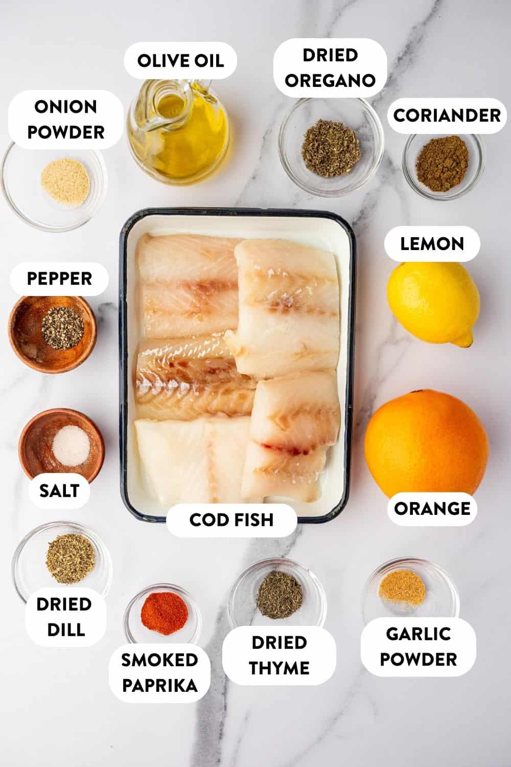 Ingredients for citrus herb cod in glass bowls.