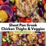 Sheet pan Greek chicken thighs pin graphic.
