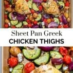 Sheet pan Greek chicken thighs pin graphic.