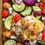 Sheet pan Greek chicken thighs pin graphic.