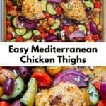Sheet pan Greek chicken thighs pin graphic.