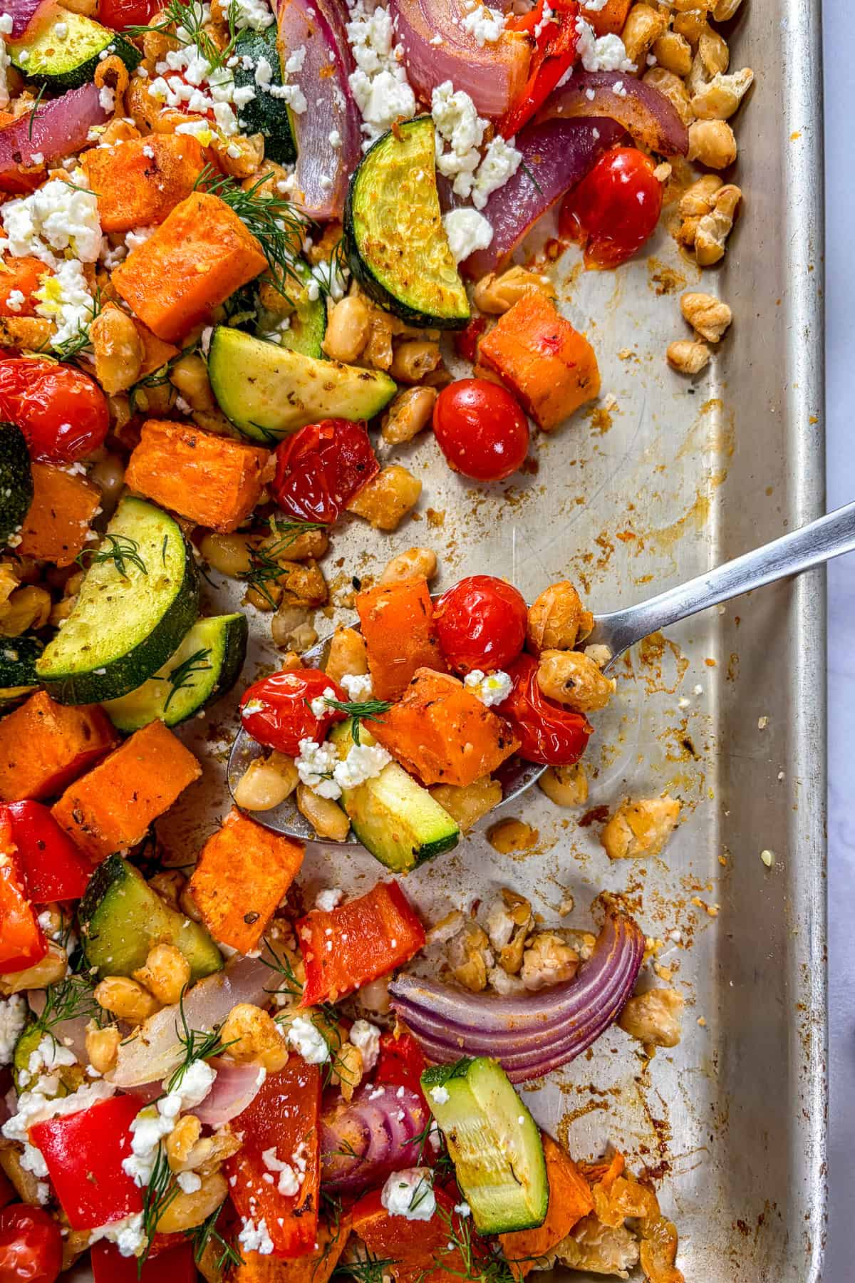 Mediterranean roasted white beans and veggies dinner.