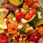 Sheet pan vegetarian beans and veggies pin graphic.
