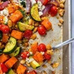 Sheet pan vegetarian beans and veggies pin graphic.